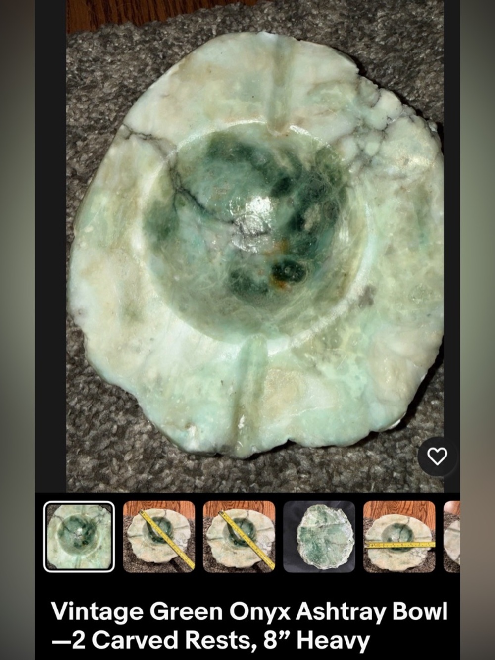 Vintage Green Onyx Ashtray Bowl – 8.5” – 2 Carved Rests – Heavy Stone Catchall